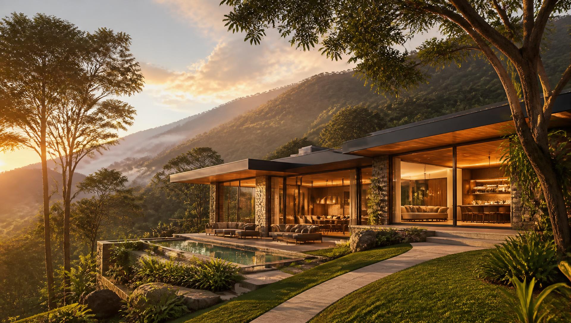 Casa campestre moderna en las montañas de Antioquia al atardecer